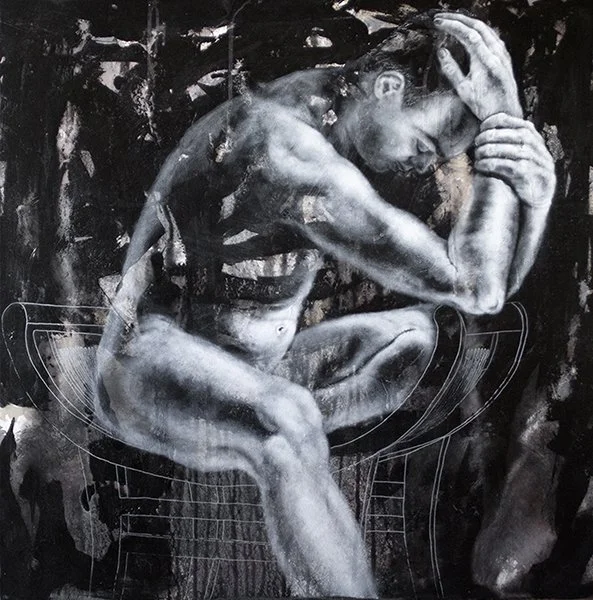 Dynamic male figurative paintings in Santa Fe, To Chase a Dream you must be a Warrior, by Pamela Frankel Fiedler.  www.frankelfiedler.com