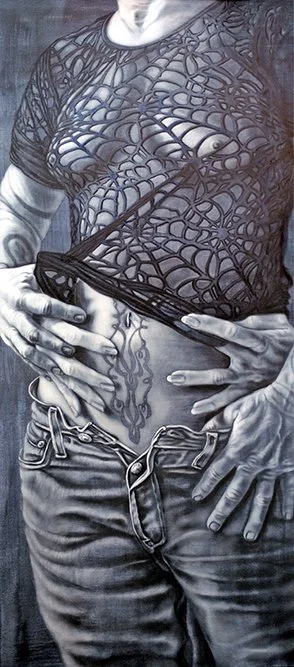 Edgy oil paintings, Lured into her Sticky Blue Web, by Pamela Frankel Fiedler.  www.frankelfiedler.com