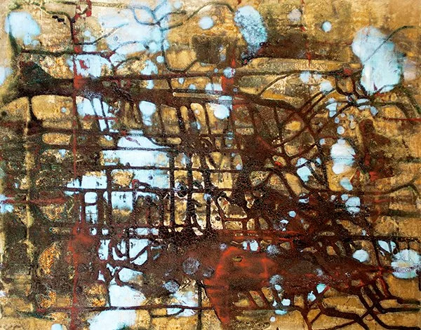 Original abstract gold metal leaf painting, The End is Secretly the Beginning, by Pamela Frankel Fiedler. www.frankelfiedler.com