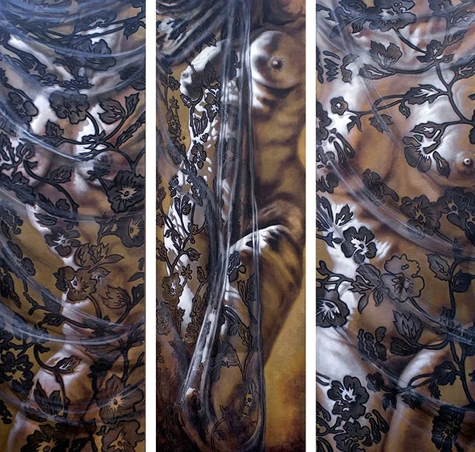 Oil and metallic pigment Triptych of 3 nude women, So Many Secrets, by Pamela Frankel Fiedler.  www.frankelfiedler.com