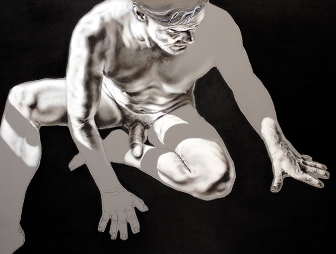 Graphic full frontal male oil paintings, Moving Gradually off the Edge, by Pamela Frankel Fiedler.  www.frankelfiedler.com