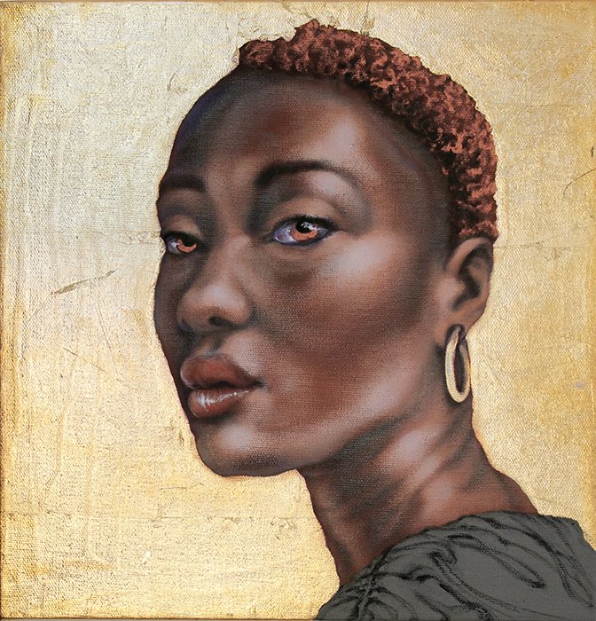 Impressive oil and gold metal leaf paintings of women of color, The Time For Silence Had Probably Passed, by Pamela Frankel Fiedler.  www.frankelfiedler.com