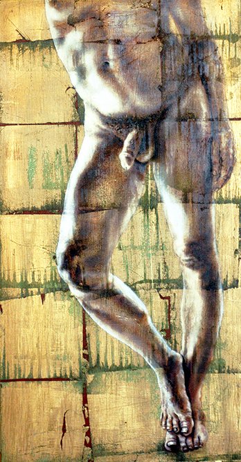 unique male gold leaf paintings, Solid Stance, by Pamela Frankel Fiedler.  www.frankelfiedler.com
