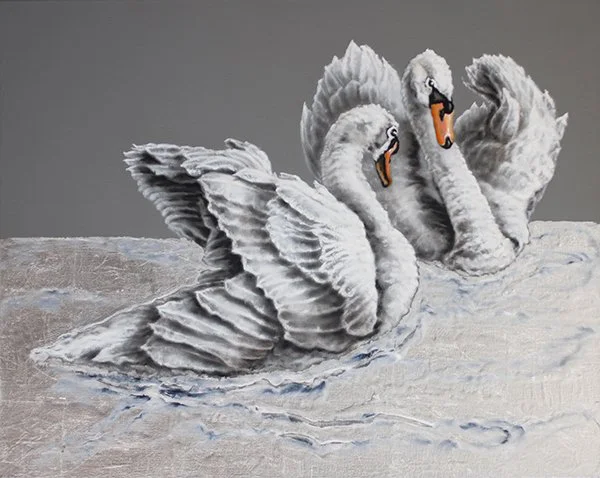 Graceful swans swimming silver metal leaf painting, A Sense of Being Transformed, by Pamela Frankel Fiedler.   www.frankelfiedler.com