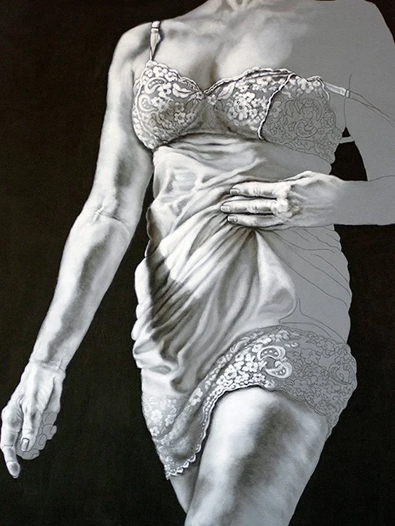 Contemporary female figurative oil paintings, A Subtle Self-Directed Pause, by Pamela Frankel Fiedler.  www.frankelfiedler.com