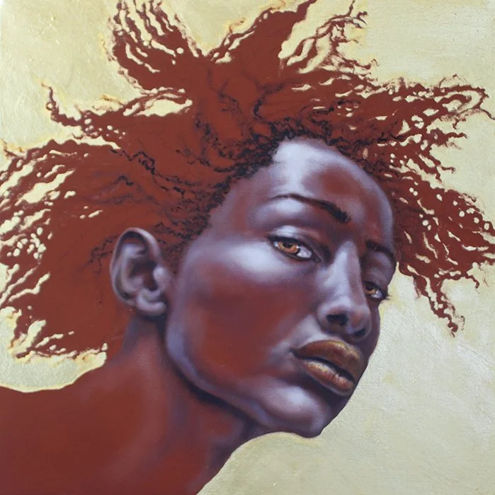 Attractive female oil and gold metal leaf portraits, by Pamela Frankel Fiedler.  www.frankefiedler.com