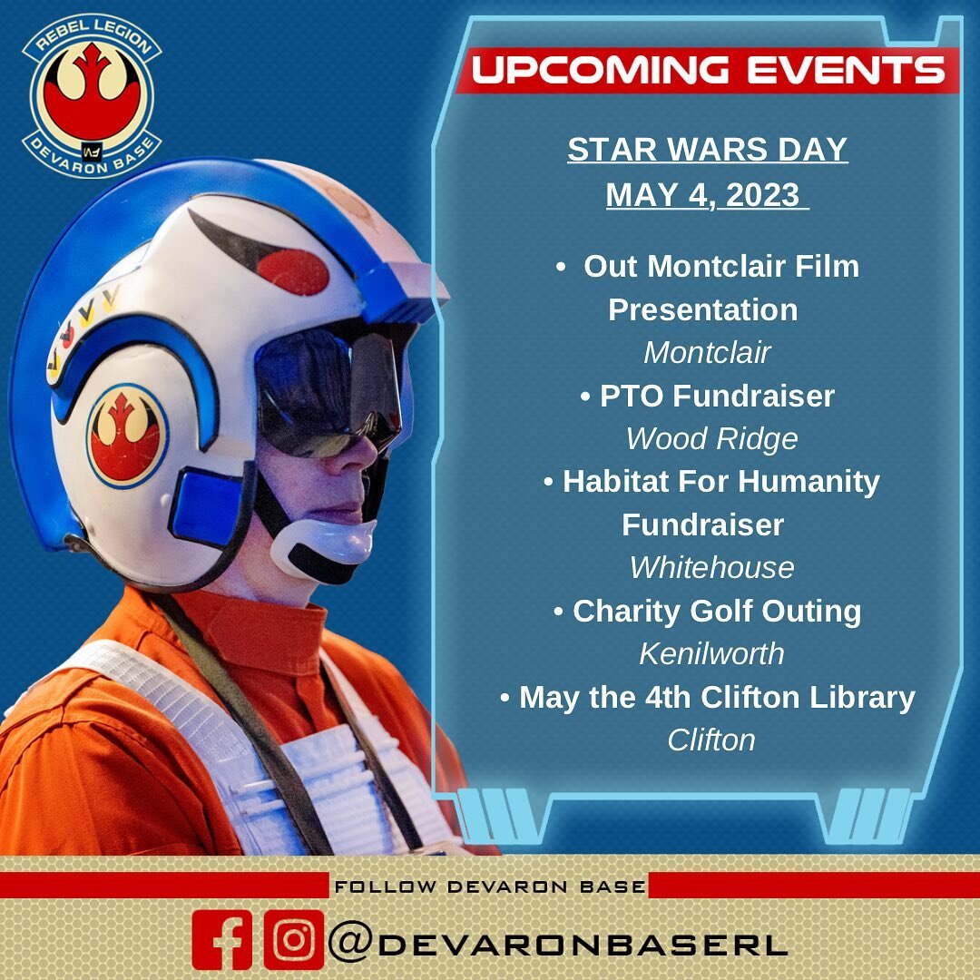 Our NJ band of Rebels will be very busy this May! Check out where you&rsquo;ll find us on Star Wars Day, Free Comic Book Day, and for the remainder of the month. ✨

@officialrebellegion 

#rebellegion #devaronbaserl #wearetheheroes #starwarsday #free