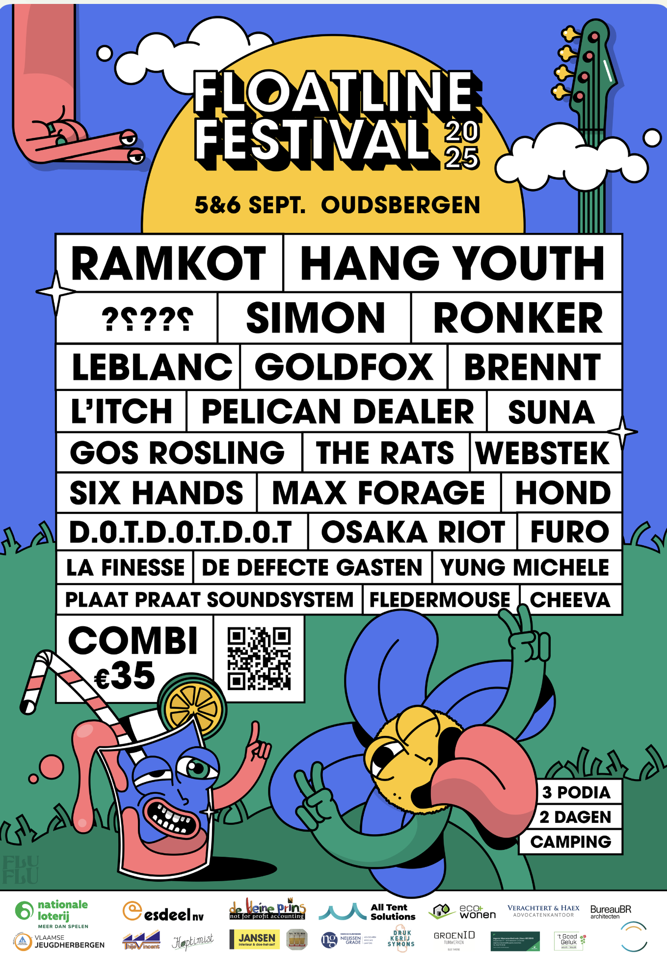 Poster voor het Floatline Festival 2025 dat plaatsvindt op 5 en 6 september in Oudbergen. Het poster bevat kleurrijke cartoon-illustraties van mensen met feestelijke uitdrukkingen en dieren, met sponsorlogo's en een QR-code.