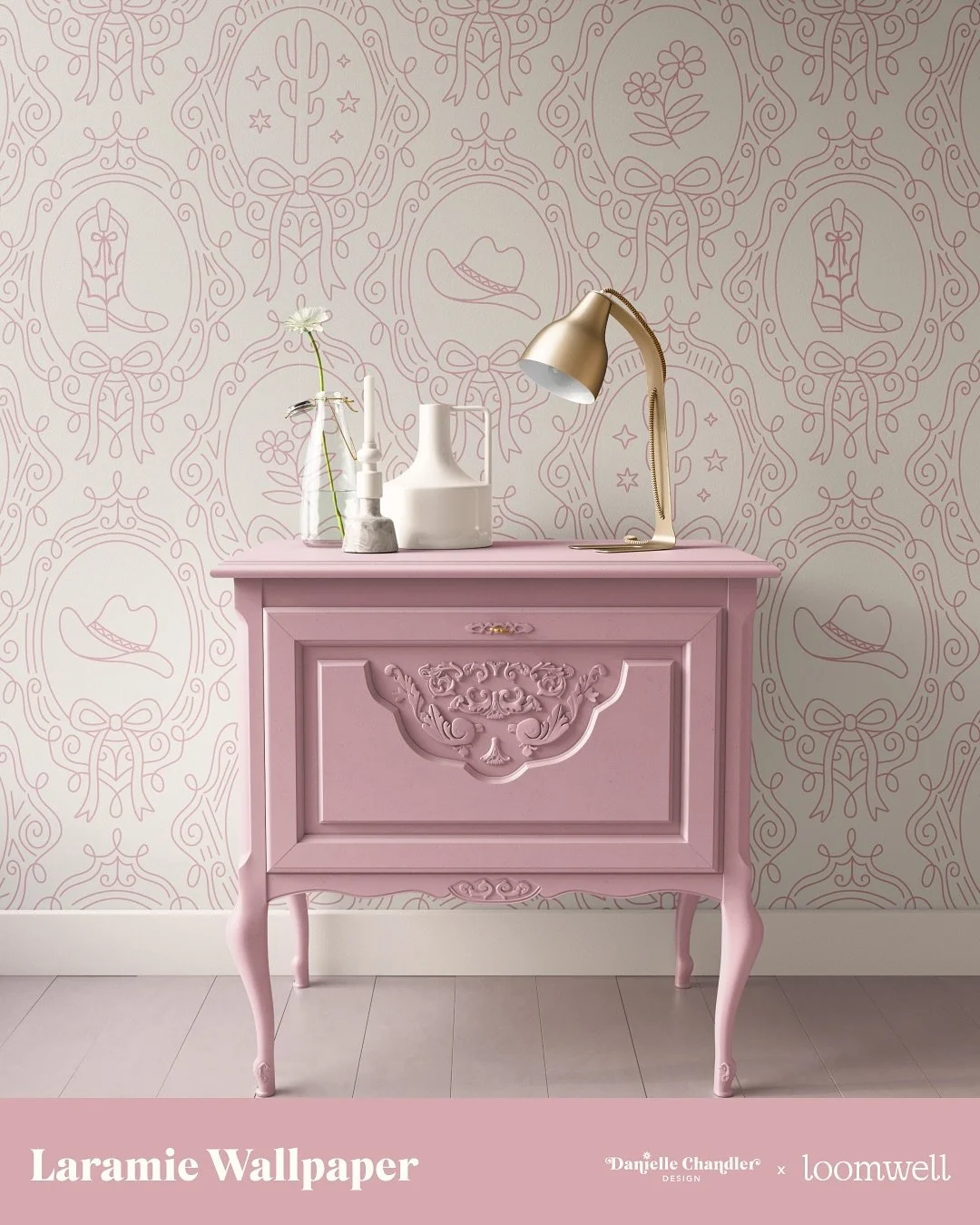 Meet Laramie 💖 The most loved and best-selling design from my @loomwell wallpaper collection. Inspired by vintage Western motifs and feminine cottagecore charm, this print creates a cozy, modern and timeless feel that fits beautifully in a nursery, 