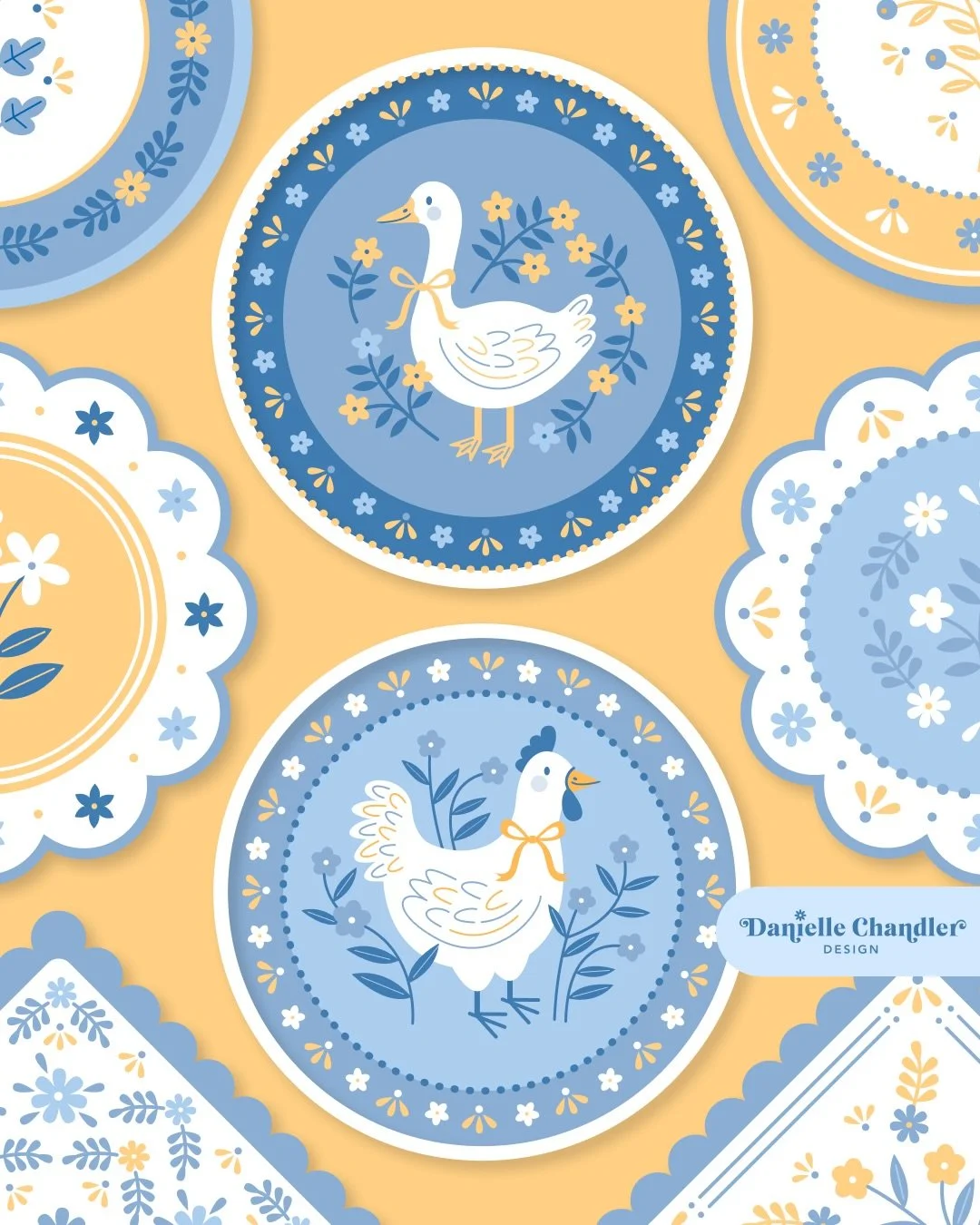 Now serving: cottagecore cuteness 🪿💖🌼🐓

Dishware is so fun to design! Would be a dream to see a full collection of plates out in the world one day.

Hope you&rsquo;re having a charming and inspiring week!

🏷️ [ surface designer &bull; art licens