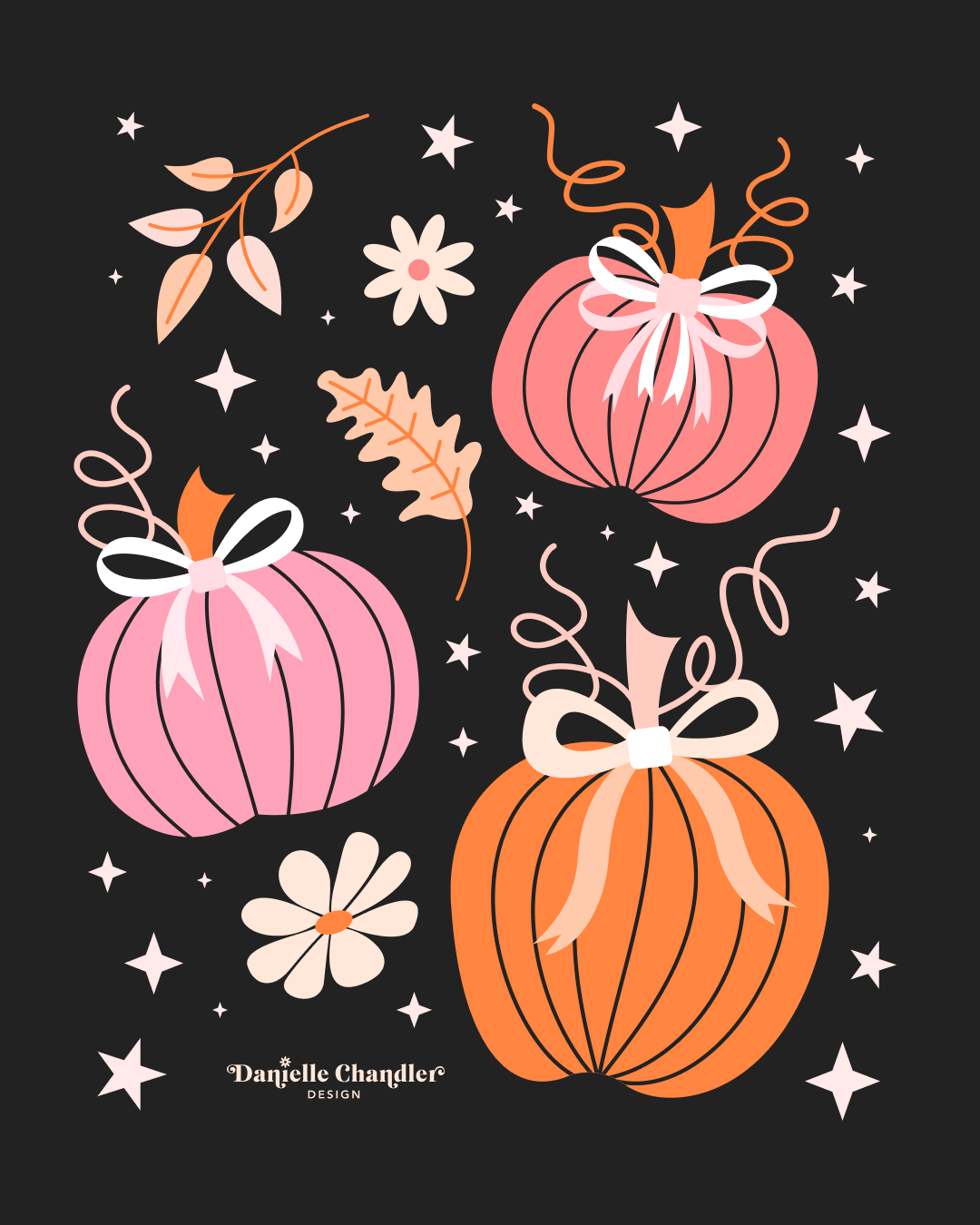 Pumpkins Bows Leaves Stars - Black.png