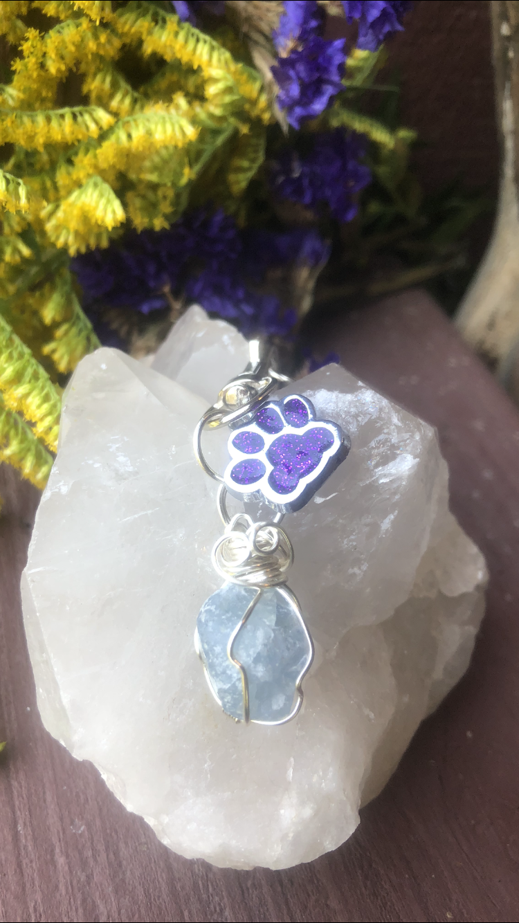 Celestite Crystal With Sparkly Purple Paw Charm For Fur Babies