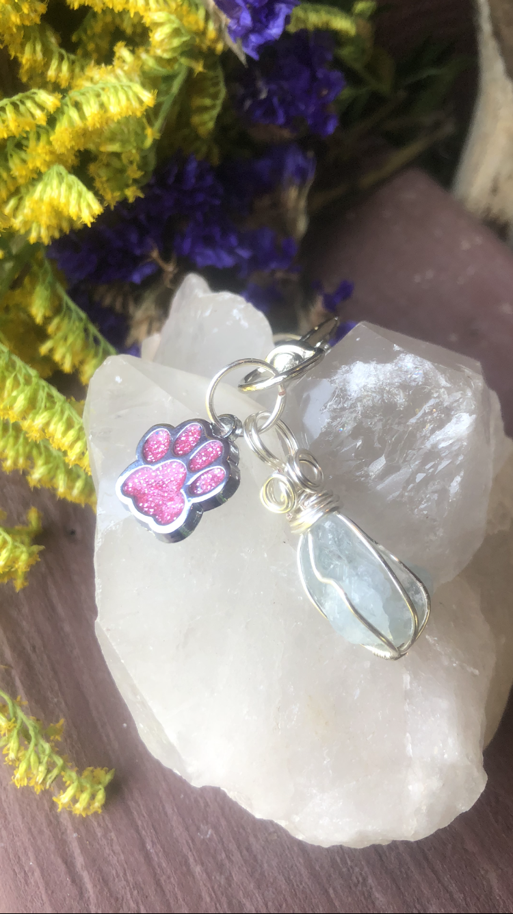 Celestite Crystal With Sparkly Light Pink Paw Charm For Fur Babies