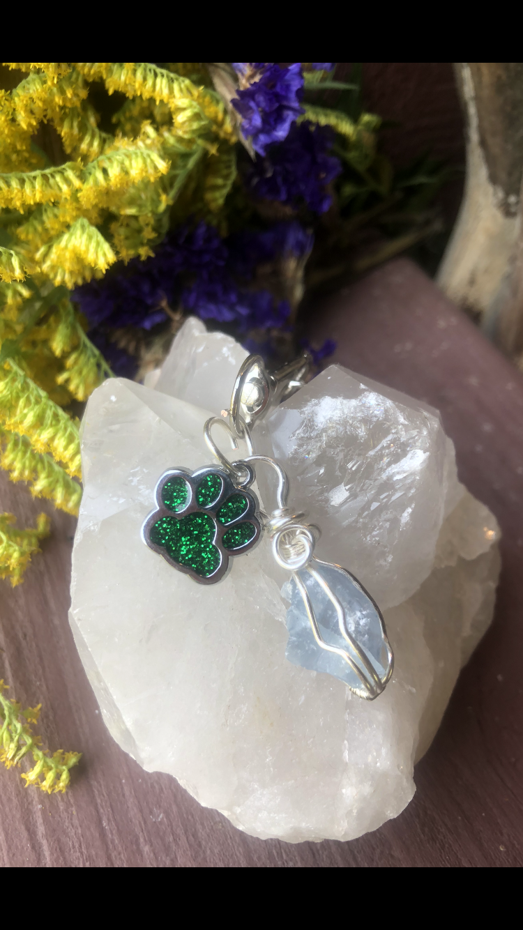 Celestite Crystal With Sparkly Green Paw Charm For Fur Babies