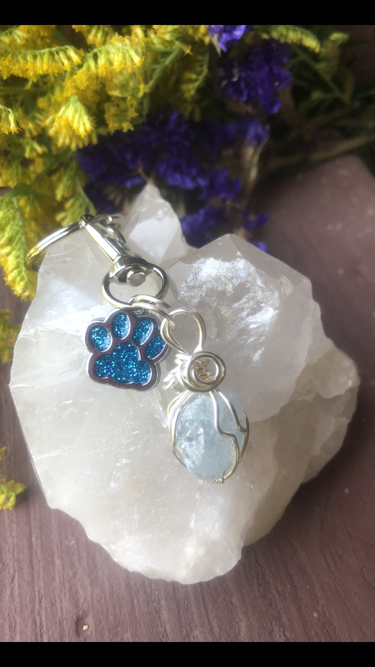 Celestite Crystal With Sparkly Light Blue Paw Charm For Fur Babies
