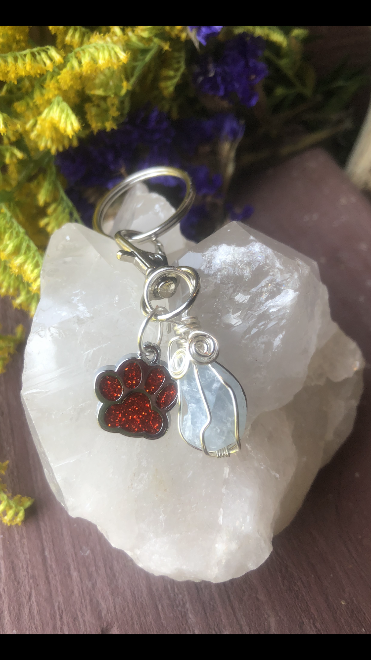 Celestite Crystal With Sparkly Red Paw Charm For Fur Babies