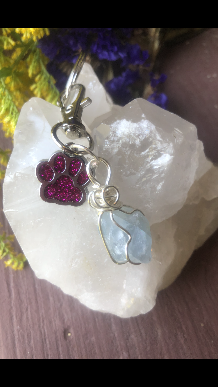 Celestite Crystal With Sparkly Hot Pink Paw Charm For Fur Babies