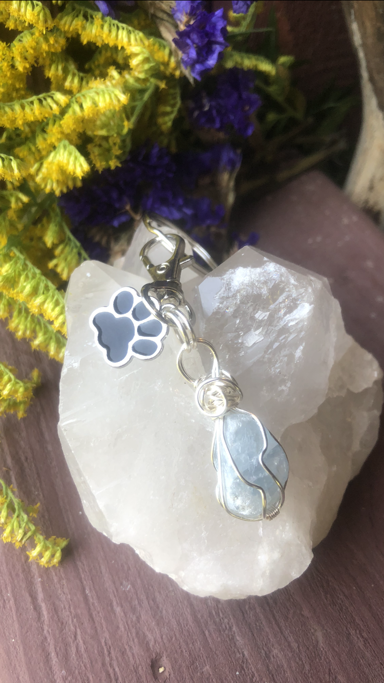 Celestite Crystal With Shiny Black Paw Charm For Fur Babies