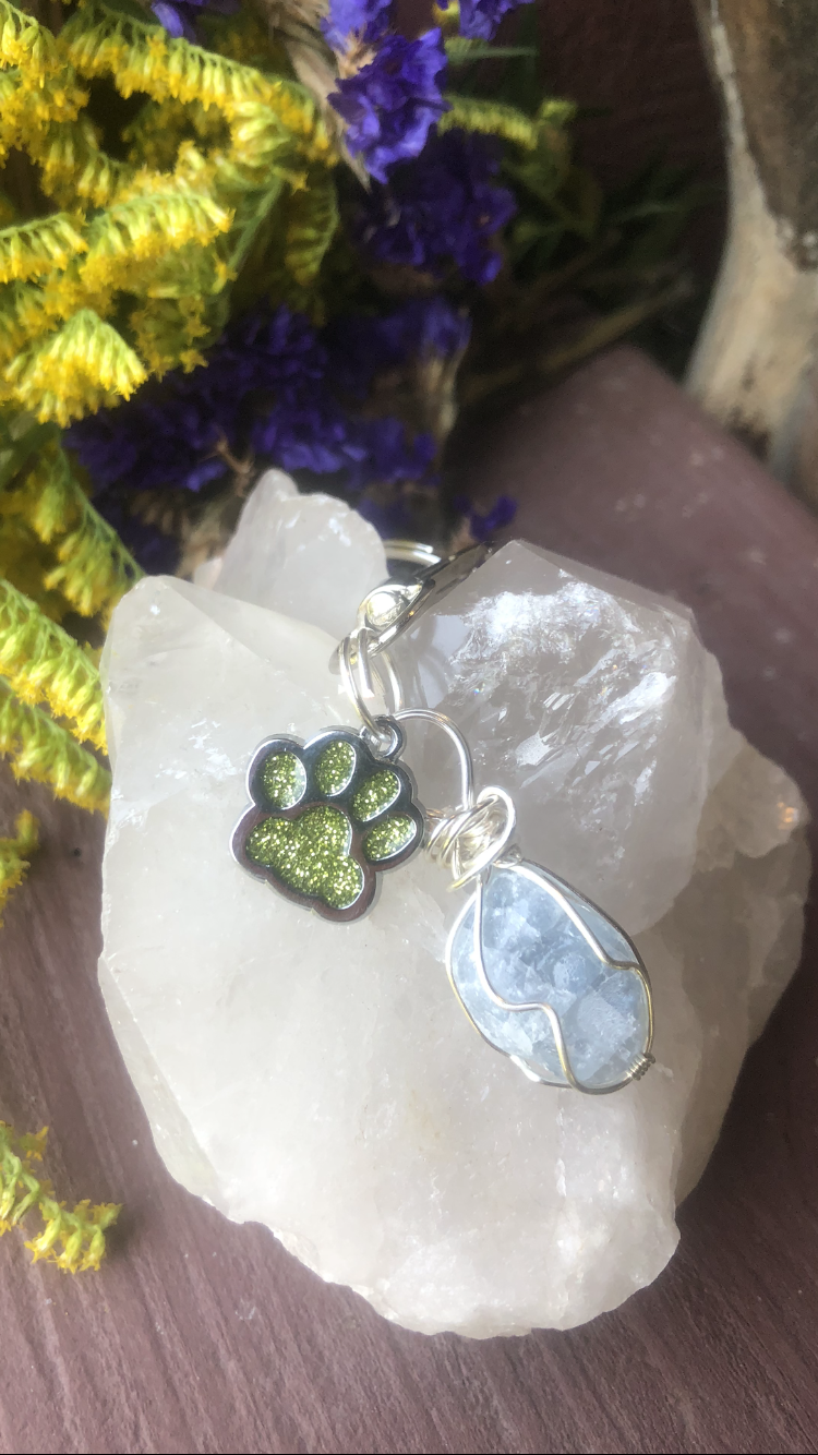Celestite Crystal With Sparkly Light Green Paw Charm For Fur Babies