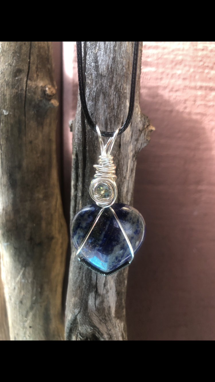 Silver Plated Wire Wrapped Lapis Lazuli Crystal Love Heart♥ Pendant