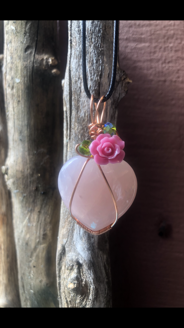 Copper Plated Wire Wrapped Rose Quartz Love Heart♥ (Large) Pedant