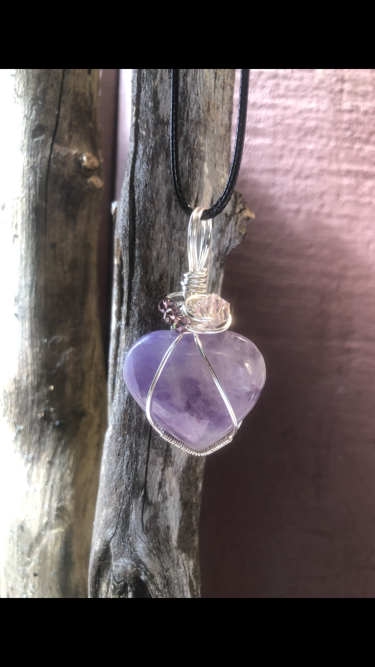 Silver Plated Wire Wrapped Amethyst Crystal Love Heart♥ Pendant #1