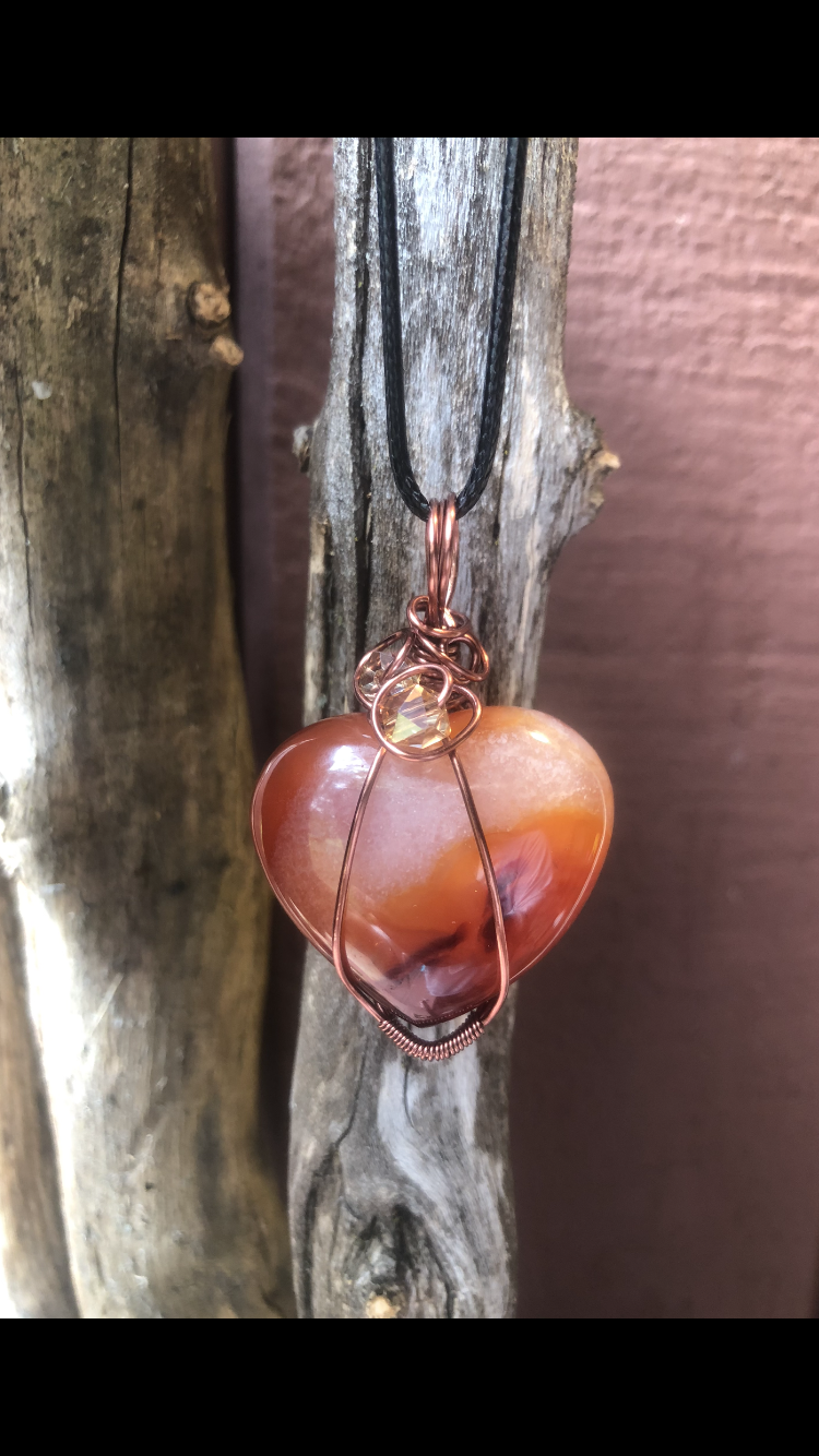 Antique Copper Wire Wrapped Carnelian Crystal Love Heart♥ (Large) Pendant