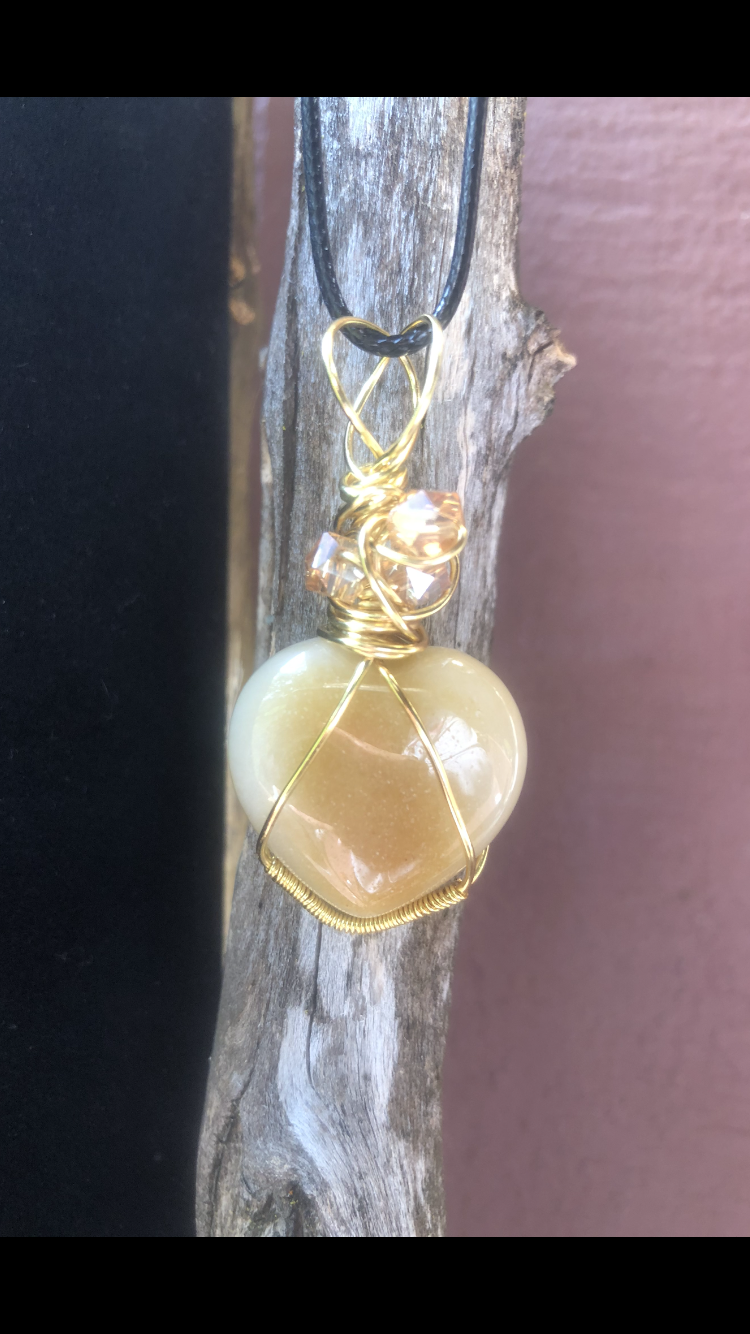 Gold Plated Wire Wrapped Yellow Aventurine Crystal Love Heart♥ Pendant