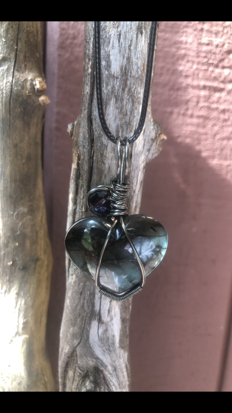 Hematite Plated Wire Wrapped Labradorite Crystal love Heart♥ Pendant