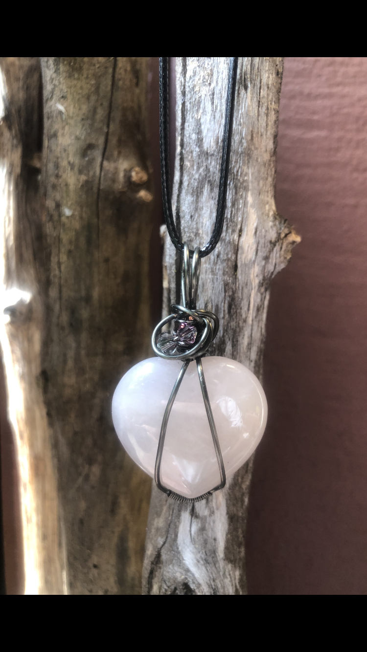 Hematite Plated Wire Wrapped Rose Quartz Crystal Love Heart♥ (Large) Pendant