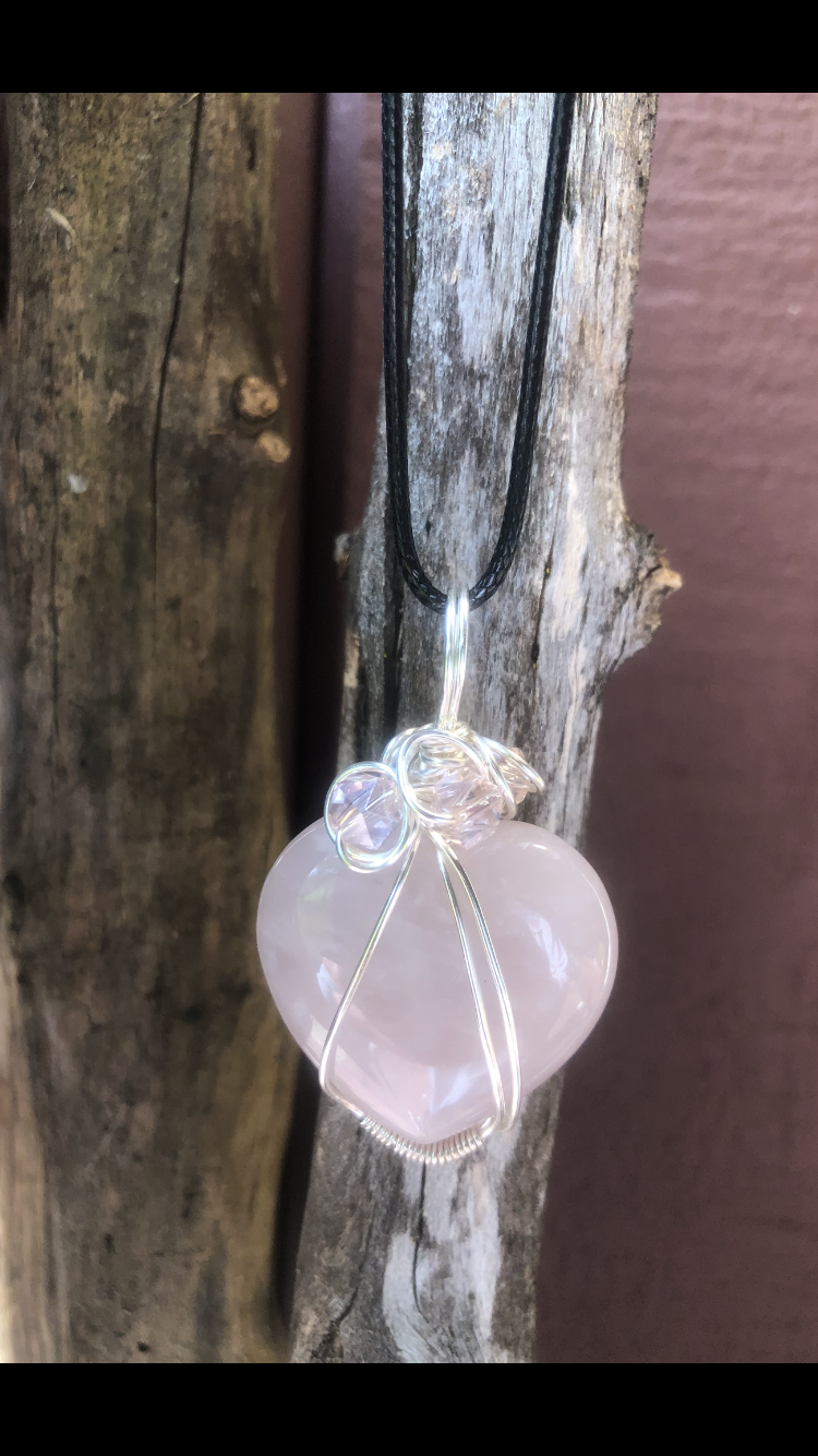 Silver Plated Wire Wrapped Rose Quartz Crystal Love Heart♥ (Large) Pendant