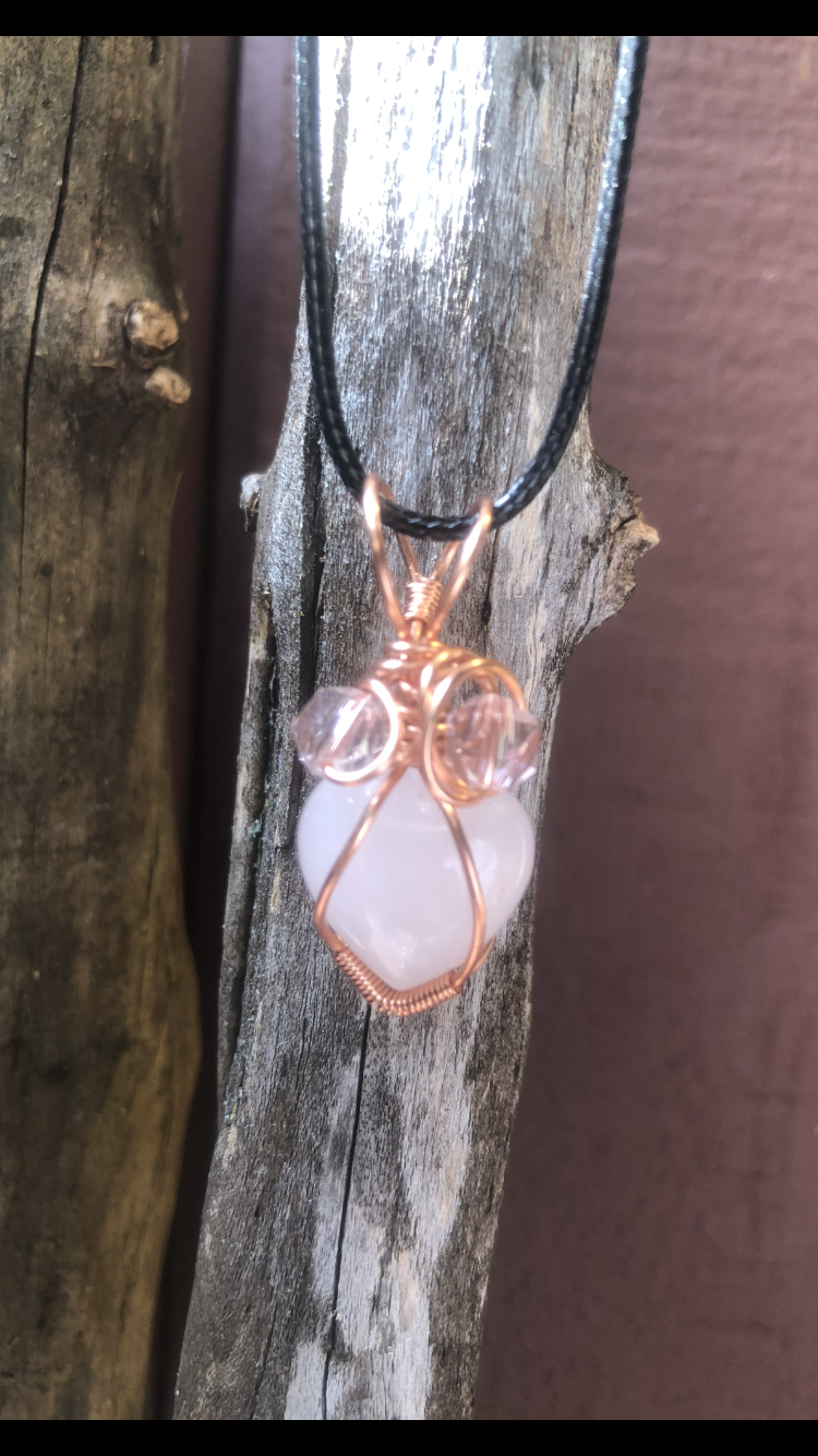 Copper Plated Wire Wrapped Rose Quartz Crystal Love Heart♥ (small) Pendant