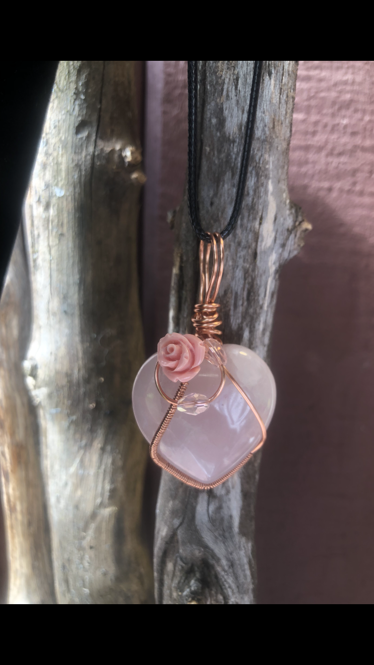 Copper Plated Wire Wrapped Rose Quartz Crystal Love Heart♥ (Large) Pendant
