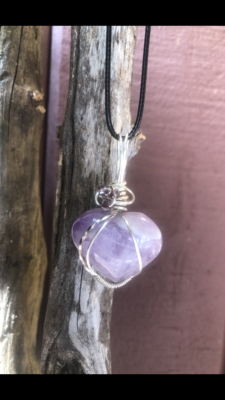 Silver Plated Wire Wrapped Amethyst Crystal Love Heart♥ Pendant #2