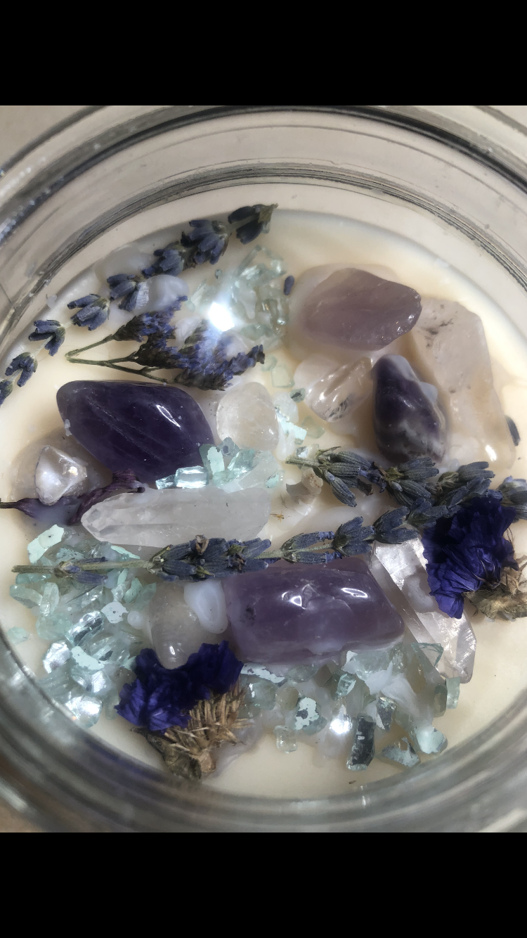Crystal Galaxies  Amethyst And Clear Quartz Crystal Peace Candle (18oz.)