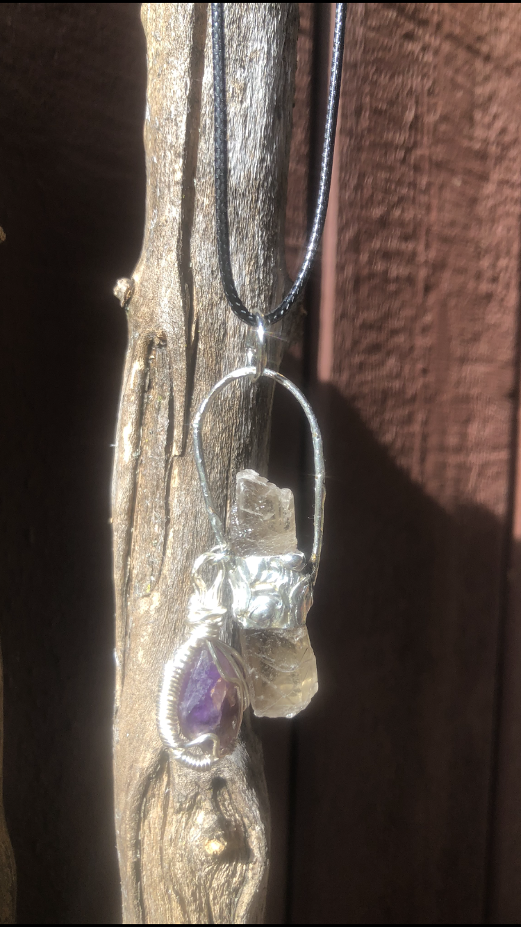 Handmade Smoky Quartz And Raw Amethyst Pendant