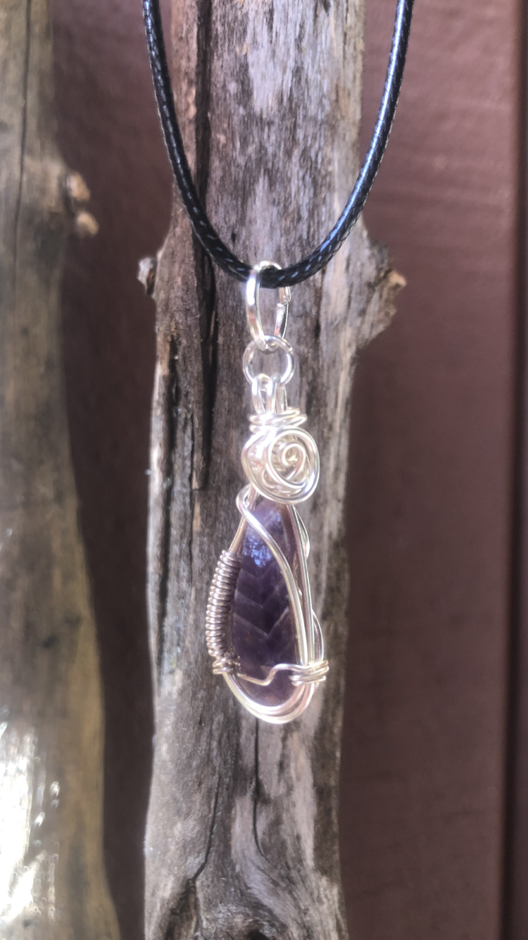 Silver Plated Wire Wrapped Chevron Amethyst Crystal Pendant