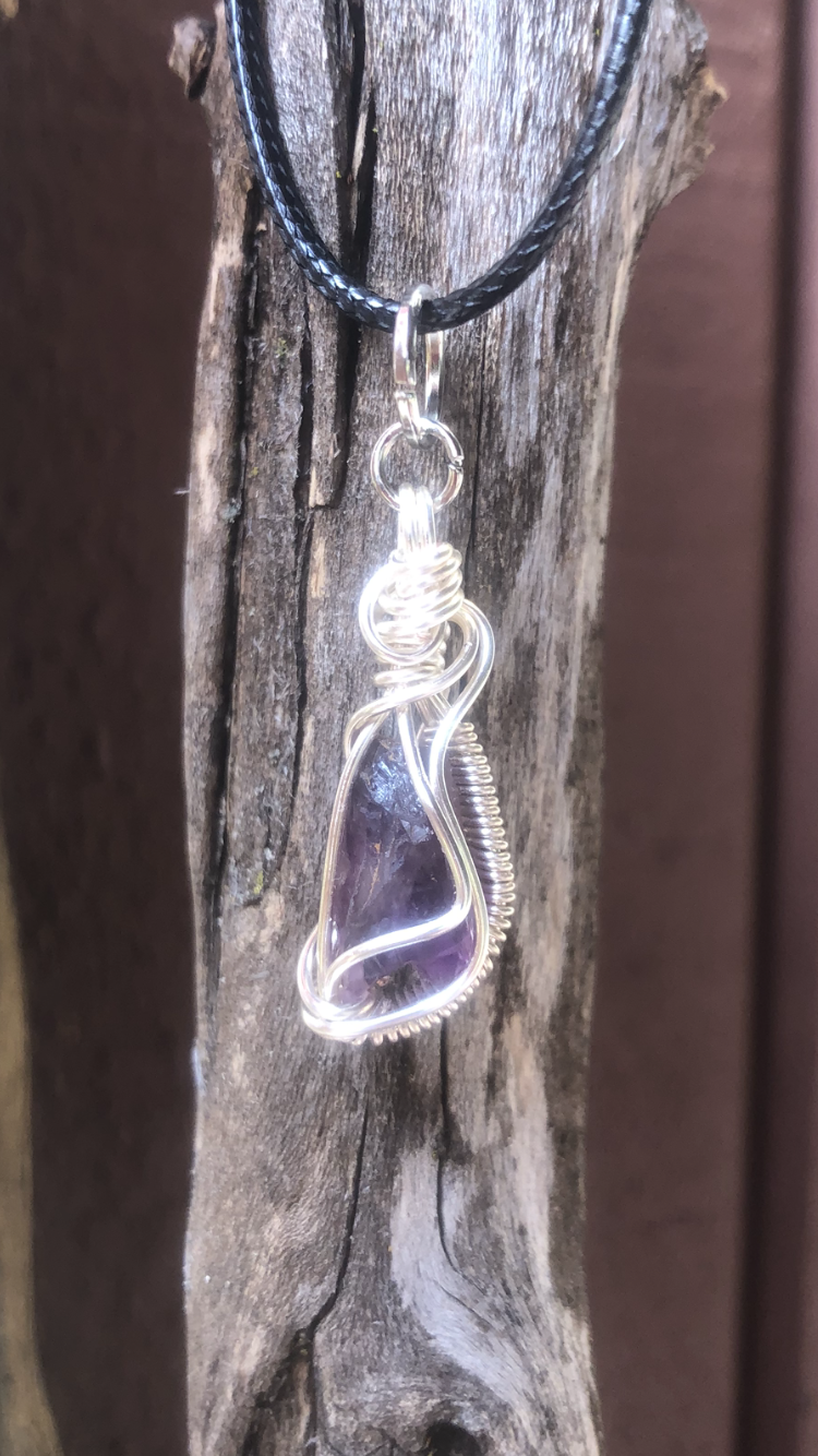 Silver Plated Wire Wrapped Amethyst Crystal Pendant