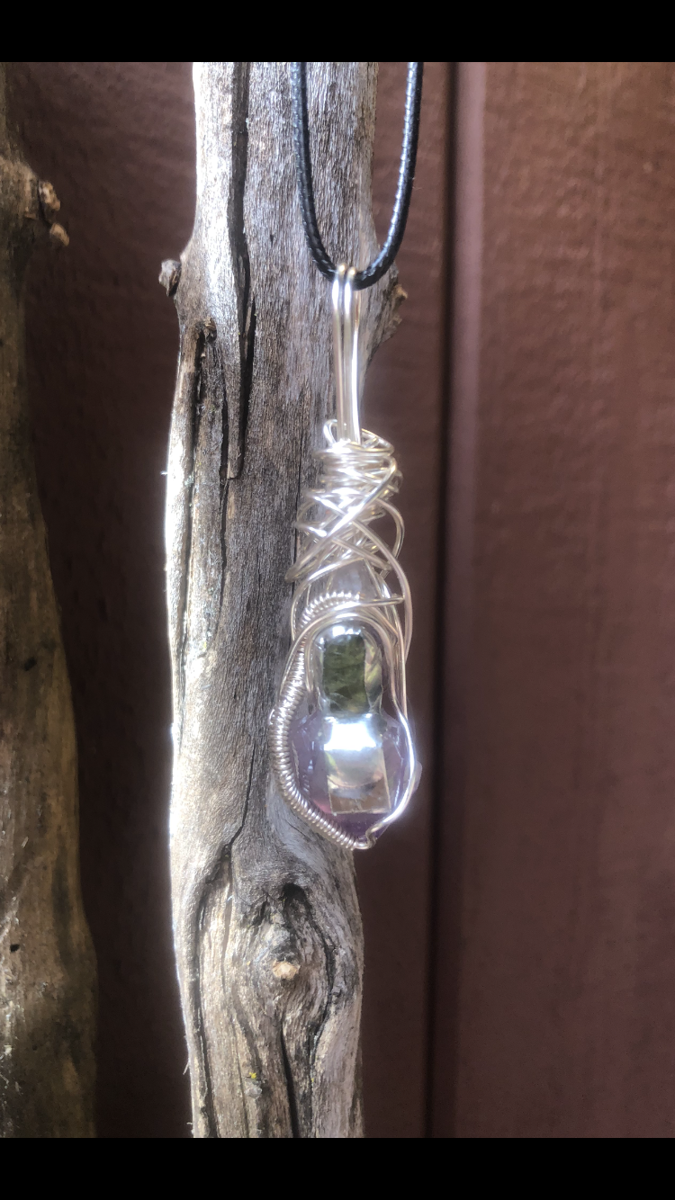Handcrafted Peridot and Raw Amethyst Crystal Point Pendant