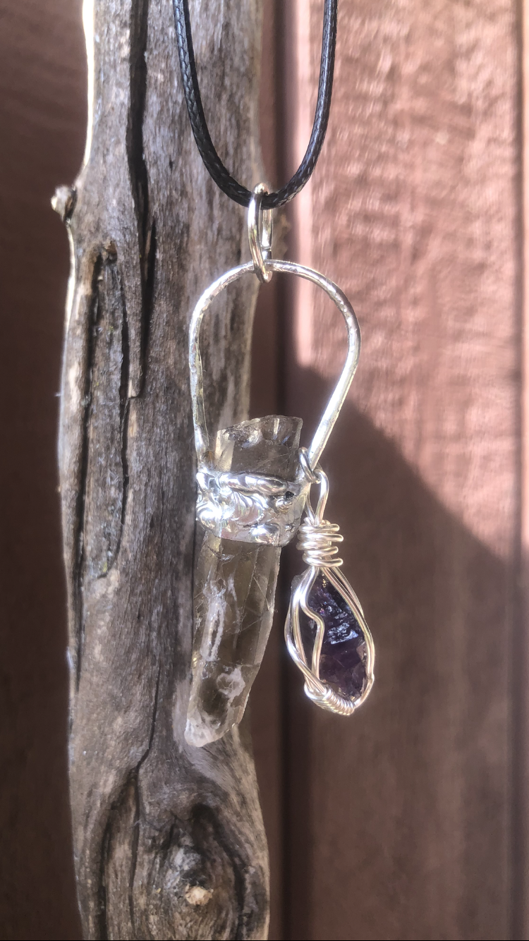 Handmade Smoky Quartz And Raw Amethyst Pendant
