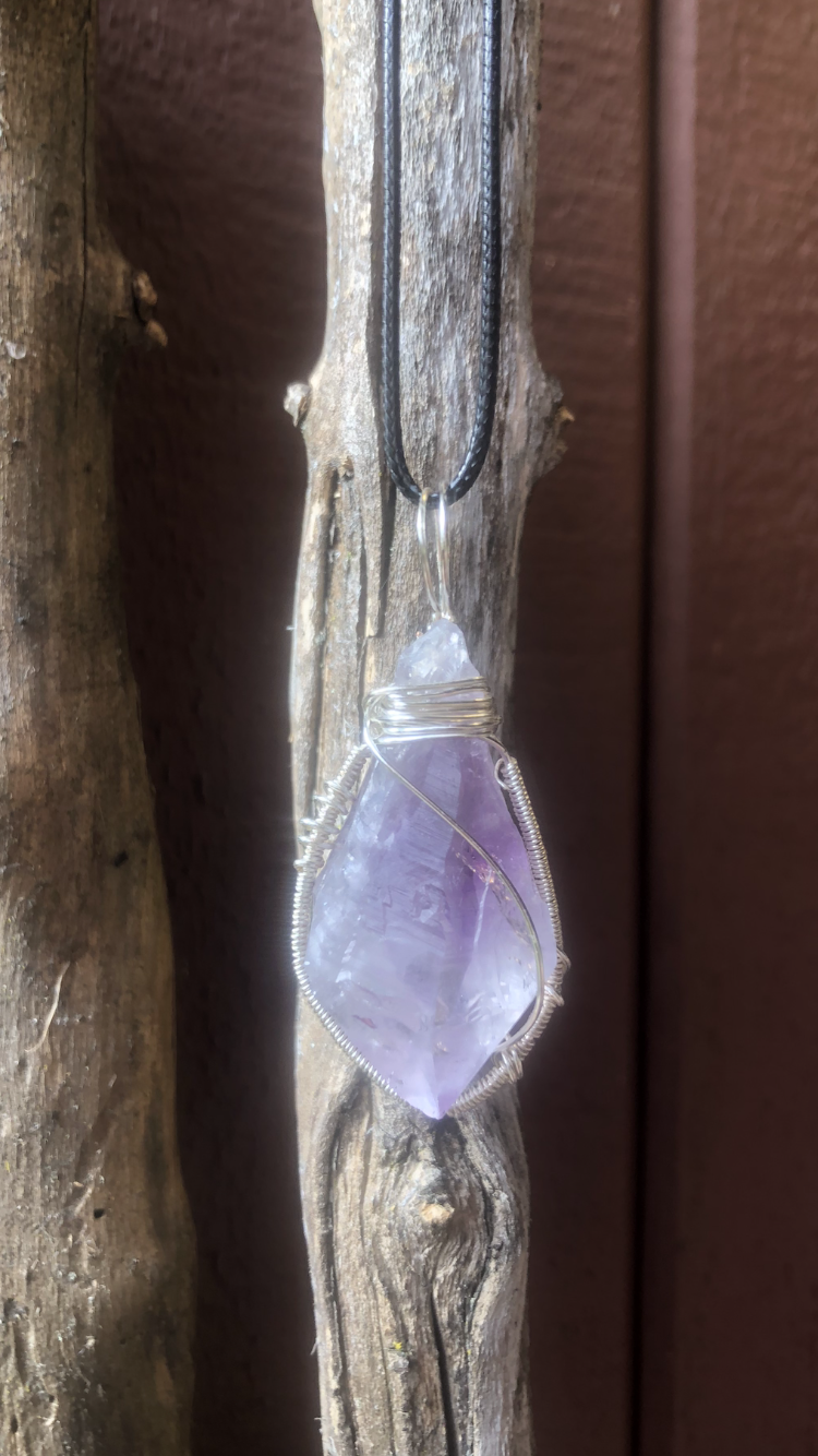 Silver Plated Wire Wrapped Amethyst Crystal Pendant
