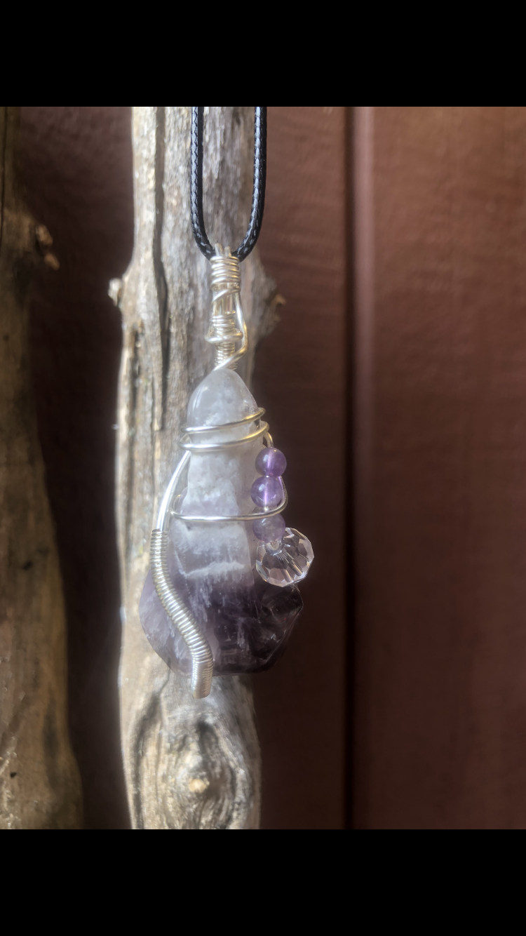 Silver Plated Wire Wrapped Chevron Amethyst Crystal Pendant With Swarovski Crystal
