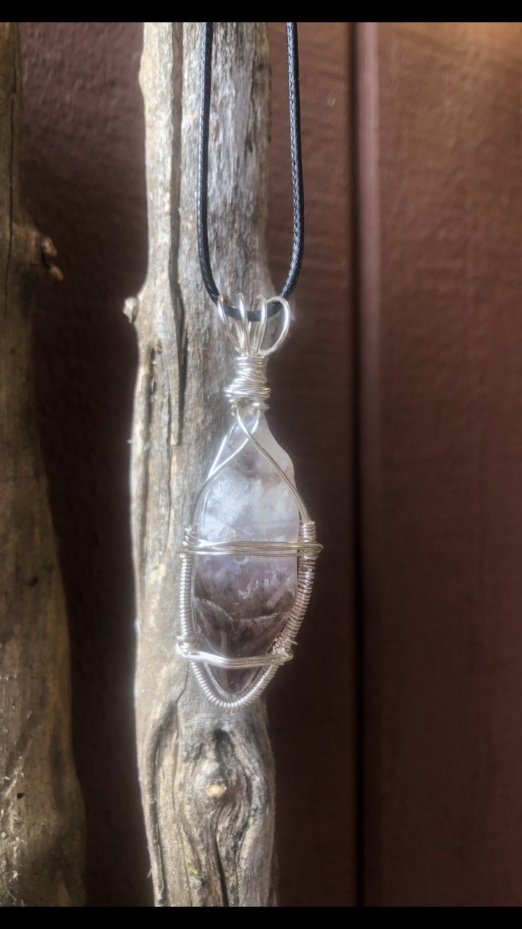Silver Plated Wire Wrapped Chevron Amethyst Crystal Pendant
