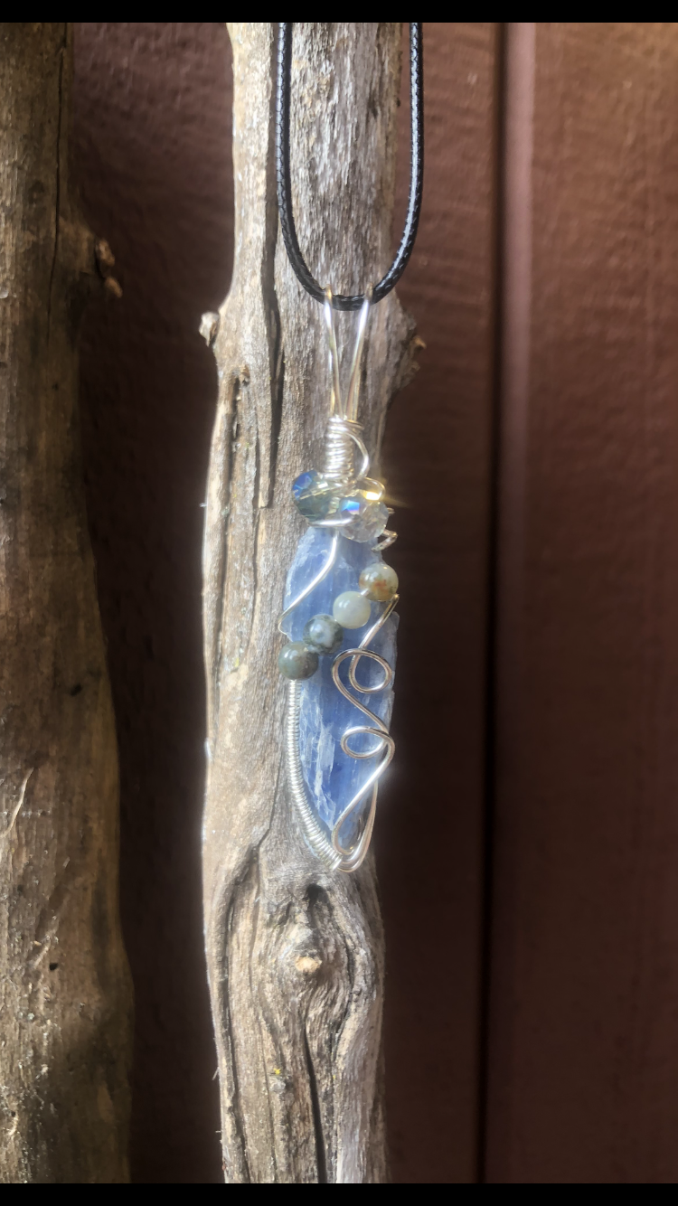 Silver Plated Wire Wrapped Blue Kyanite Crystal Pendant With Swarovski Crystals And Ocean Jasper