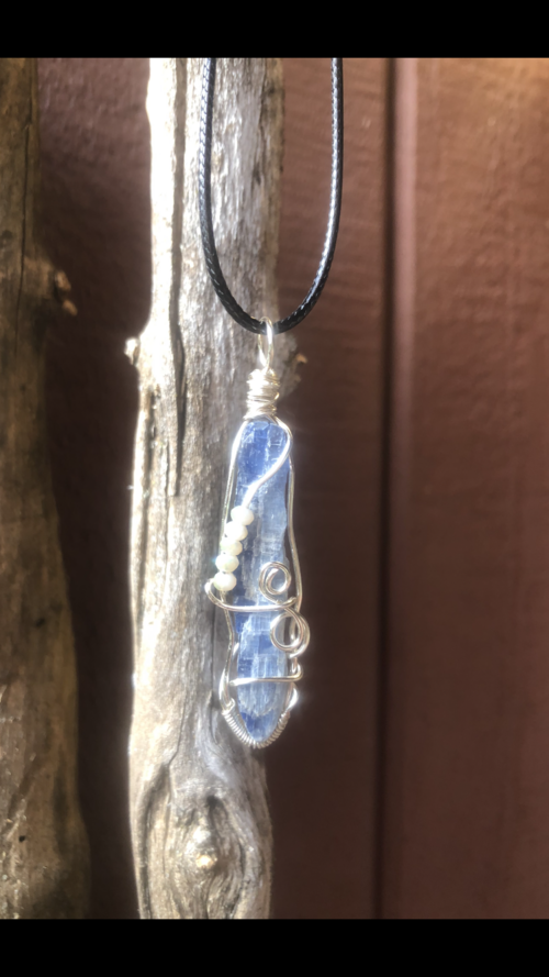 Raw Blue Celestite Crystal Pendant Necklace Silver Plated Wire