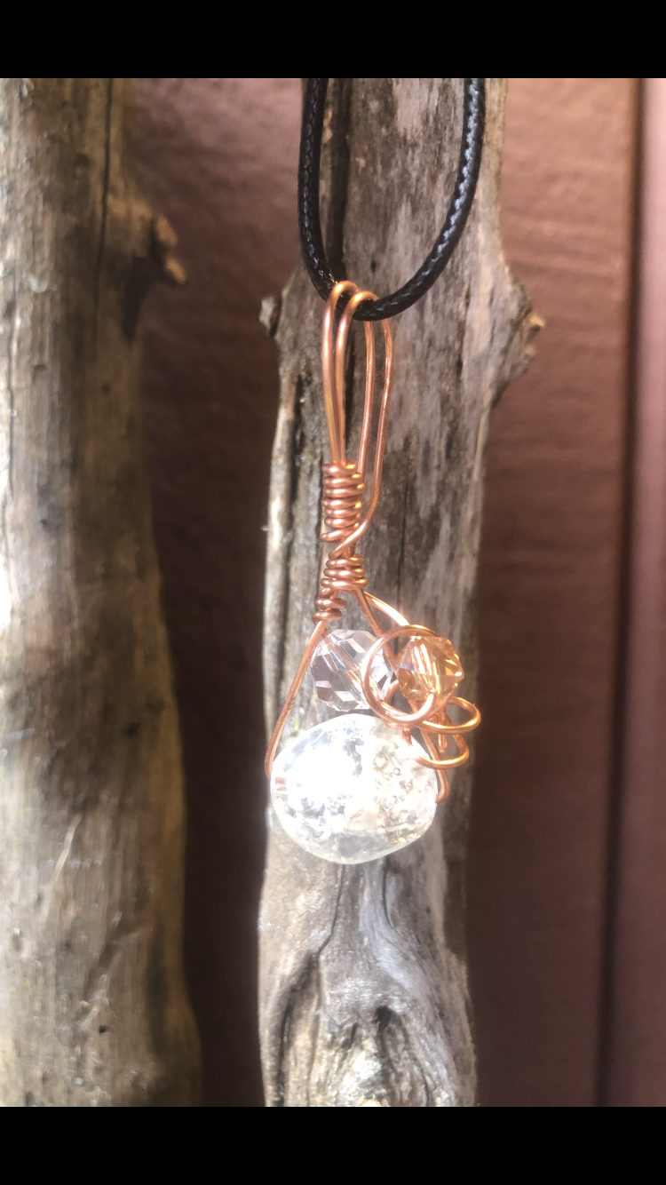 Copper Plated Wire Wrapped Cracked Glass Sphere Crystal Pendant With Swarovski Crystals