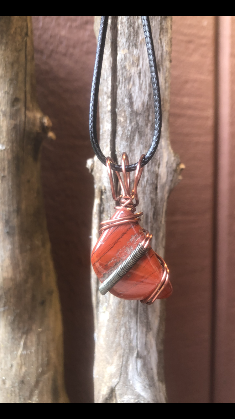 Hematite And Antique Copper Plated Wire Wrapped Red Jasper Crystal Pendant
