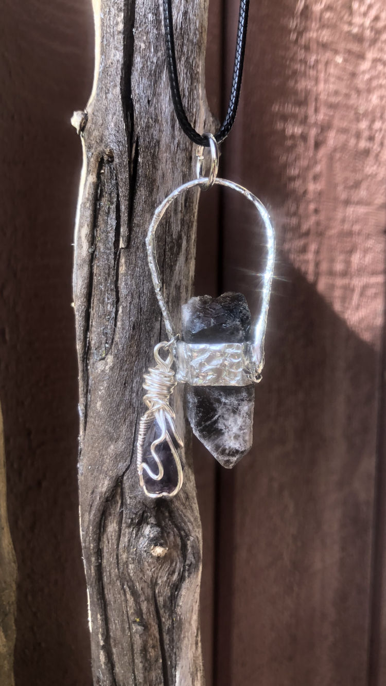 Handmade Smoky Quartz And Raw Amethyst Pendant