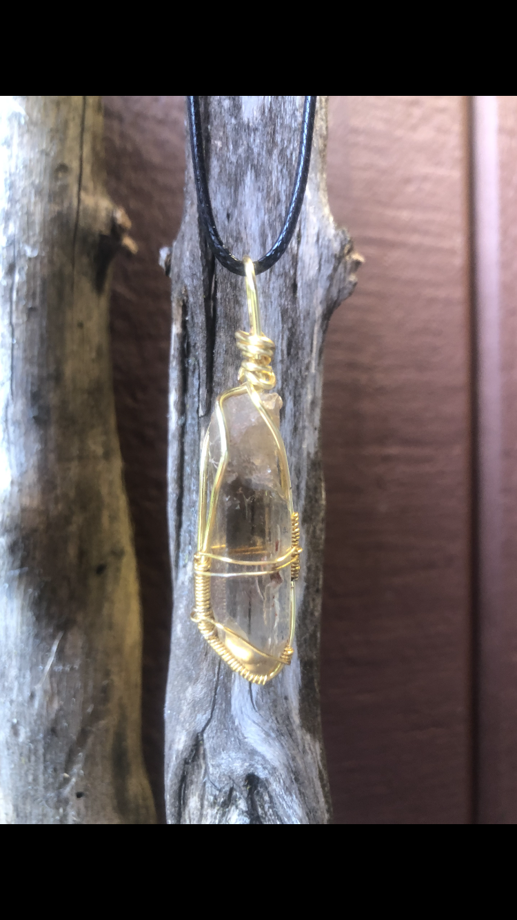 Gold Plated Wire Wrapped Citrine Crystal Pendant