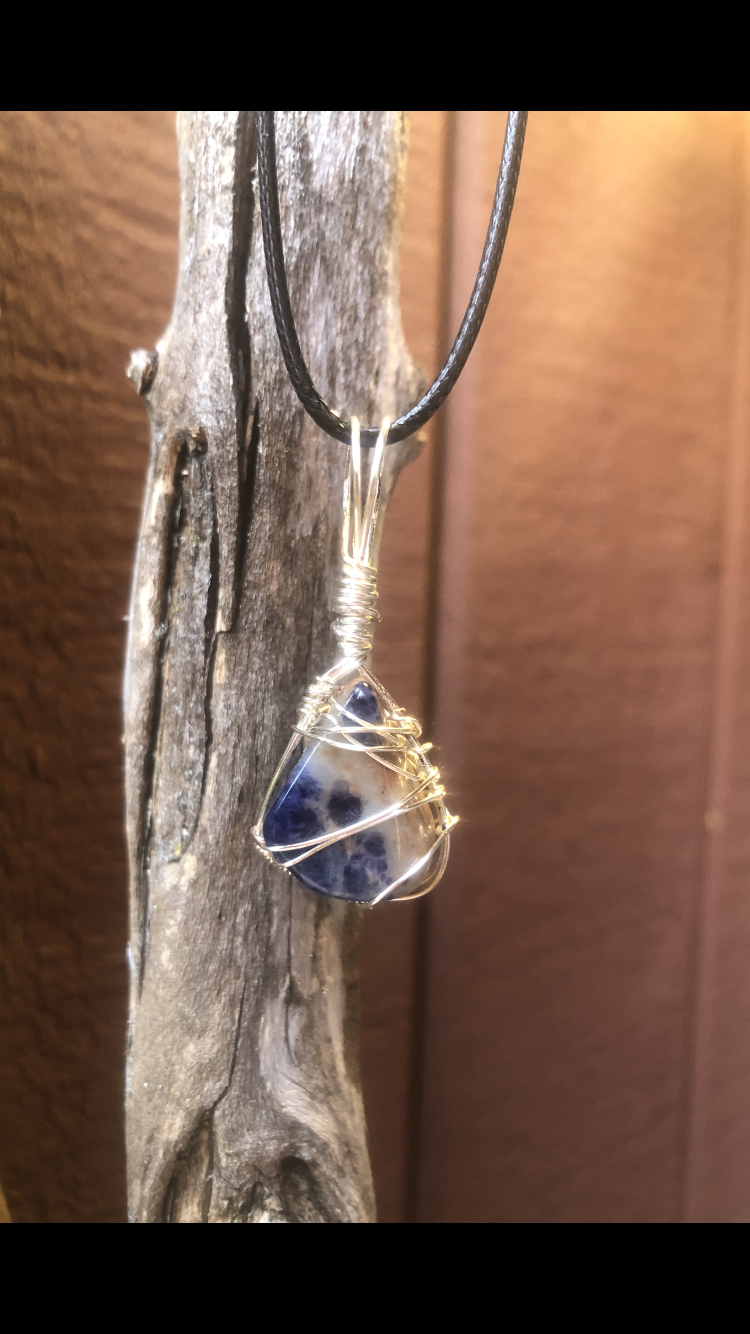 Silver Plated Wire Wrapped Lapis Lazuli Crystal Pendant